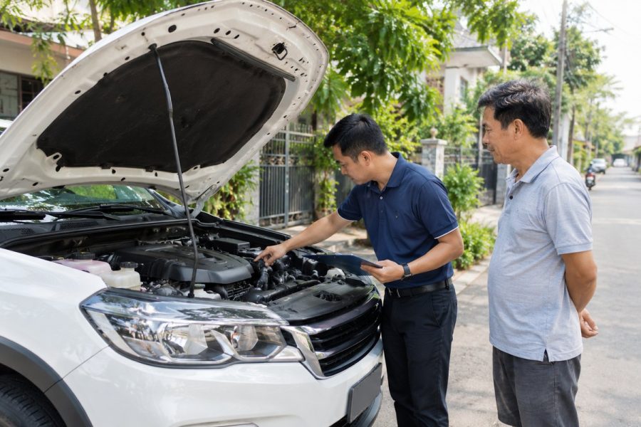 Chuyên viên kiểm tra khoang máy xe SUV cũ ngay tại nhà chủ xe